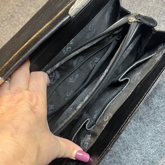 Marc Chantel MC Shoulder Bag Purse Womens Black Embossed Leather Silver Flower - Picture 5 of 10